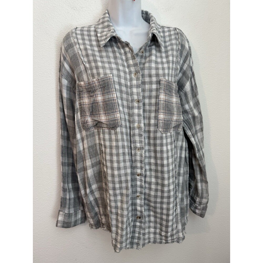 Thread & Supply Women’s Shirt Cotton Mixed Media Button Front Gray M/L Boho